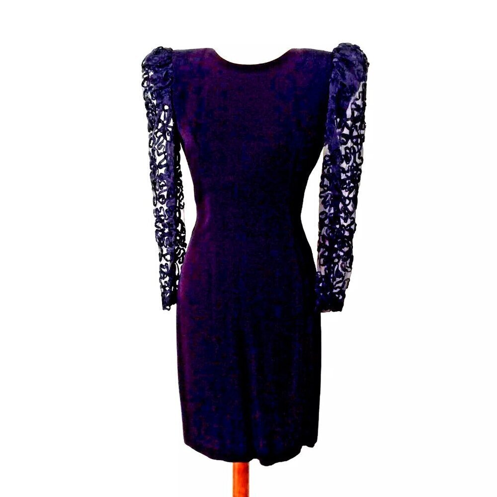 Nancy Bracoloni Vintage Black Cocktail Dress - Lace Sleeves & Back Bow Size 6